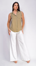 Drew Crinkle Wide Leg Pants in White side profile view on model