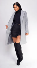Amaris Gray Long Line Coat full length front view on model