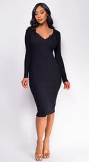 Aura Button Ribbed Midi Dress in Black side profile view on model