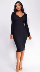 Aura Black Button Ribbed Midi Dress