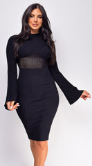 Nemi Black High Neck Mesh Detail Ribbed Midi Dress