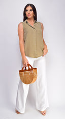 Drew Crinkle Wide Leg Pants in White full length three-quarter angle