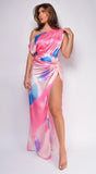 Aspen Pink Blue Multi Color Print One Shoulder Maxi Dress