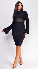 Nemi Black High Neck Mesh Detail Ribbed Midi Dress