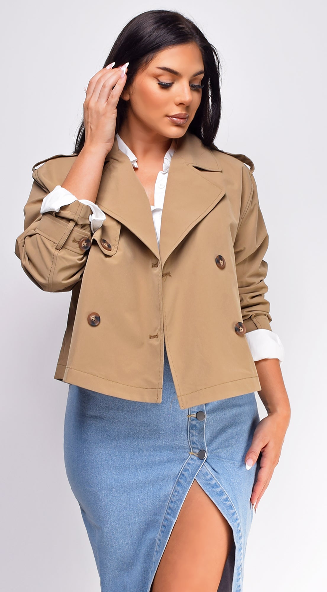 Devin Beige Cropped Trench Jacket