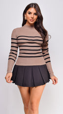 Rosalee Stripe Mock Neck Sweater Top in Beige close-up of striped pattern