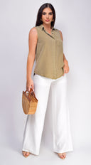 Drew Crinkle Wide Leg Pants in White styled outfit flat lay