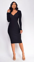 Aura Black Button Ribbed Midi Dress