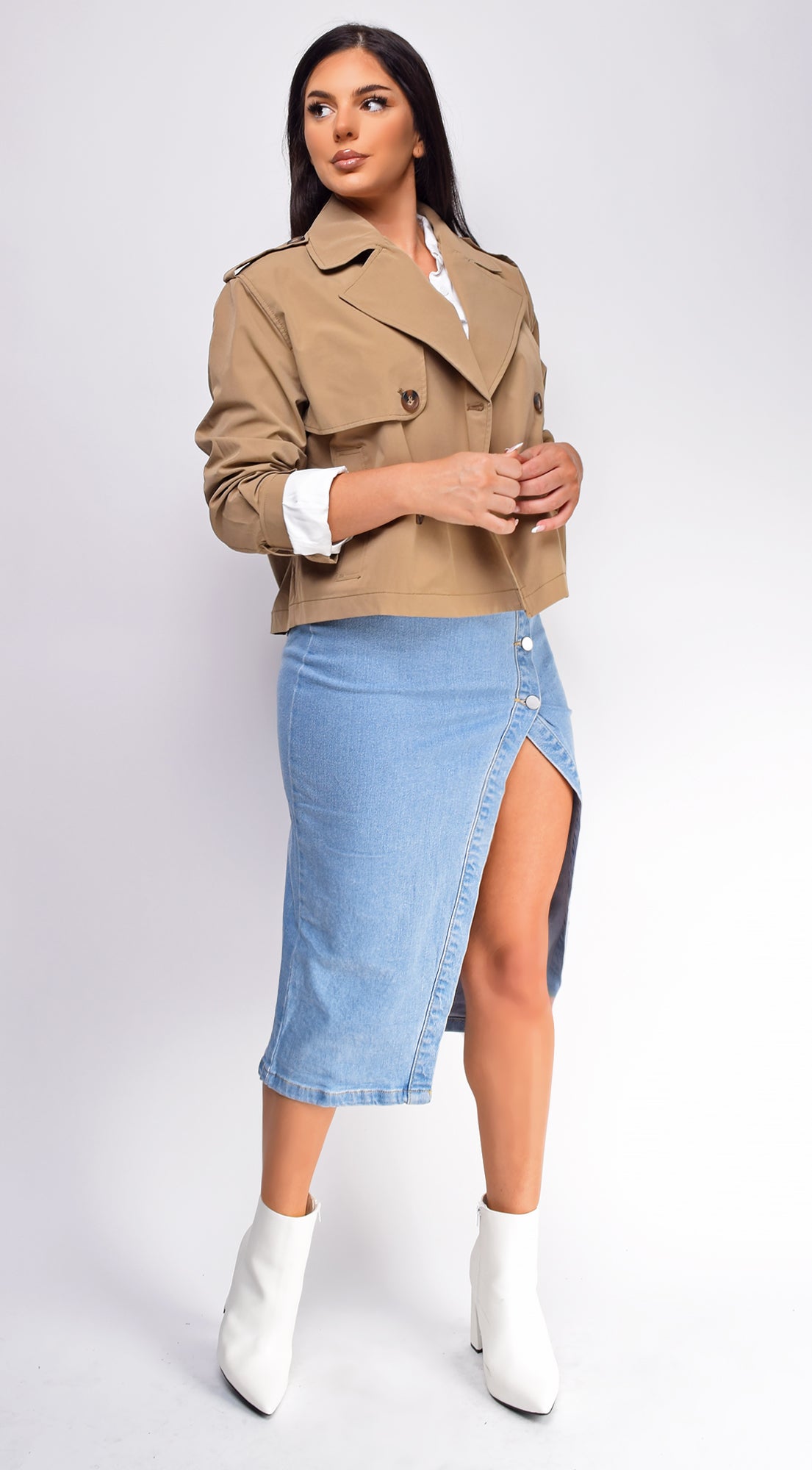 Devin Beige Cropped Trench Jacket