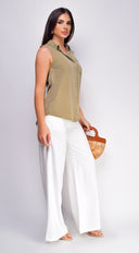 Drew Crinkle Wide Leg Pants in White fabric drape close-up hemline and silhouette detail