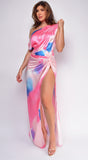 Aspen Pink Blue Multi Color Print One Shoulder Maxi Dress