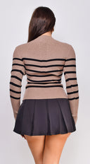 Rosalee Stripe Mock Neck Sweater Top in Beige back view on model