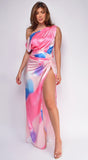 Aspen Pink Blue Multi Color Print One Shoulder Maxi Dress