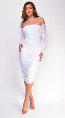 Annora Mesh Long Sleeve Ruched Midi Dress - White
