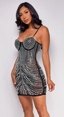 Massima Black Pearl Rhinestone Mini Dress side profile view on model
