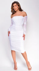 Annora Mesh Long Sleeve Ruched Midi Dress - White