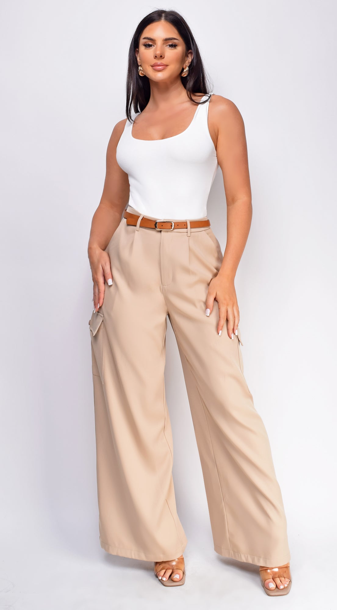 Iva Beige Wide Leg Cargo Pocket Pants