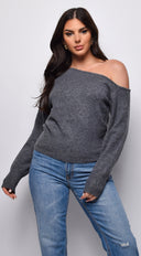 Vesper Off Shoulder Sweater in Gray side profile view on model