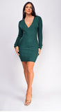 Novia Green Knit Cable V Neck Sweater Mini Dress