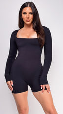 Chicago Black Square Neck Snatched Long Sleeve Romper back view on model