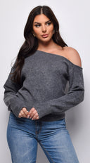 Vesper Off Shoulder Sweater in Gray back view on model