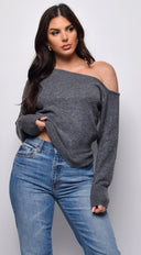 Vesper Off Shoulder Sweater in Gray full length front view on model