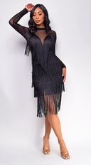 black mini dress with fringe Call On Me Diamante Fringe Mini Dress Black