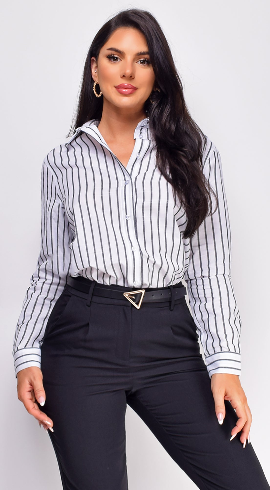 Lencia White Black Striped Button Down Top