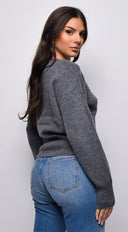 Vesper Off Shoulder Sweater in Gray close-up of off-shoulder neckline