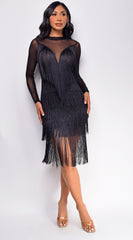 Rory Black Mesh Fringe Mini Dress