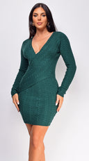 Novia Green Knit Cable V Neck Sweater Mini Dress | Emprada Novia Green Knit Cable V Neck Sweater Mini Dress | Emprada