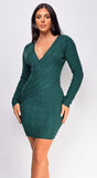 Novia Green Knit Cable V Neck Sweater Mini Dress