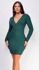 Novia Green Knit Cable V Neck Sweater Mini Dress