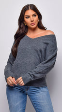 Remy V Neck Drop Shoulder Sweater Top in Gray styled outfit flat lay
