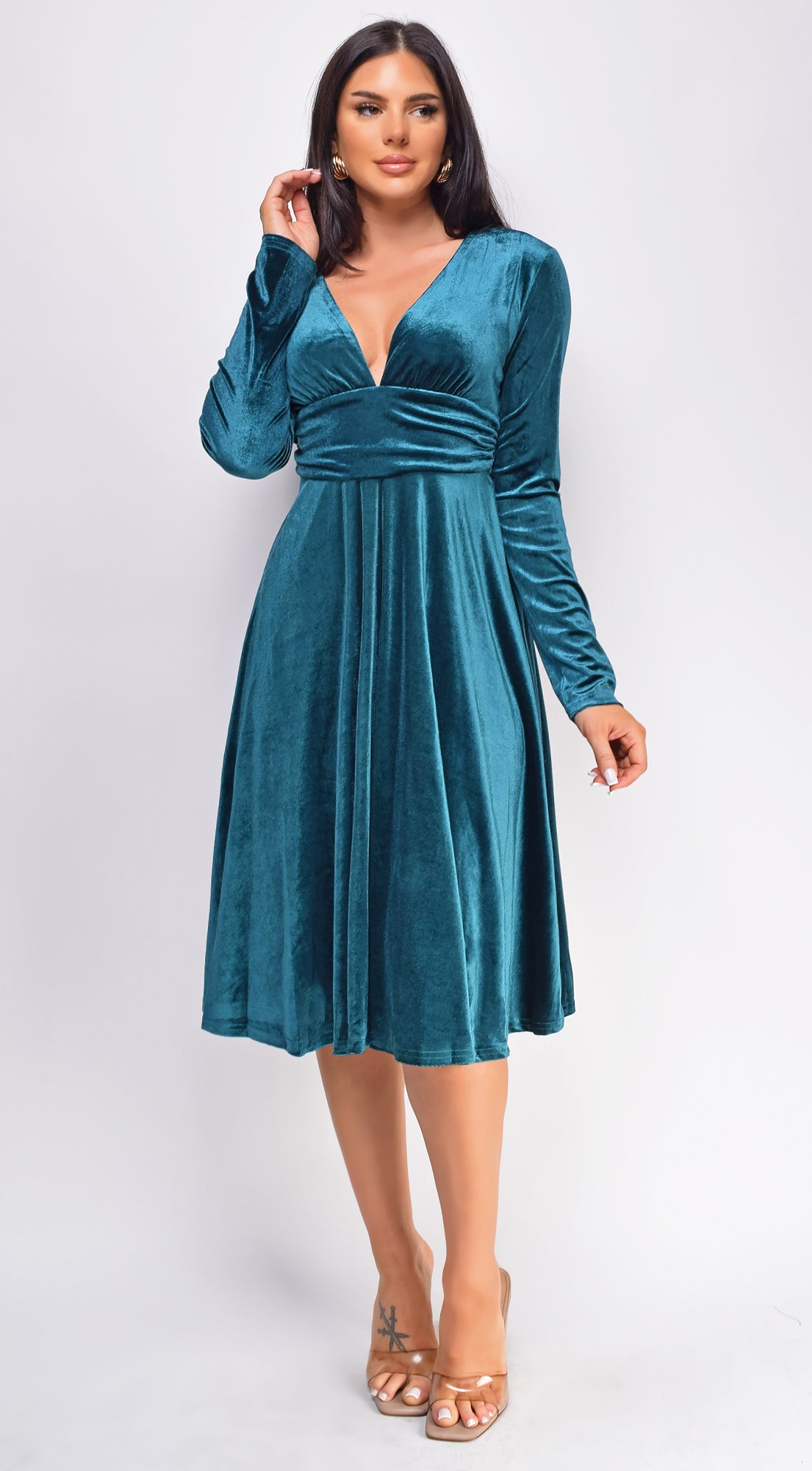 Peony Teal Blue V Neck Velvet Midi Dress