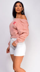 Kali Off Shoulder Sweater in Pink close-up of off-shoulder neckline