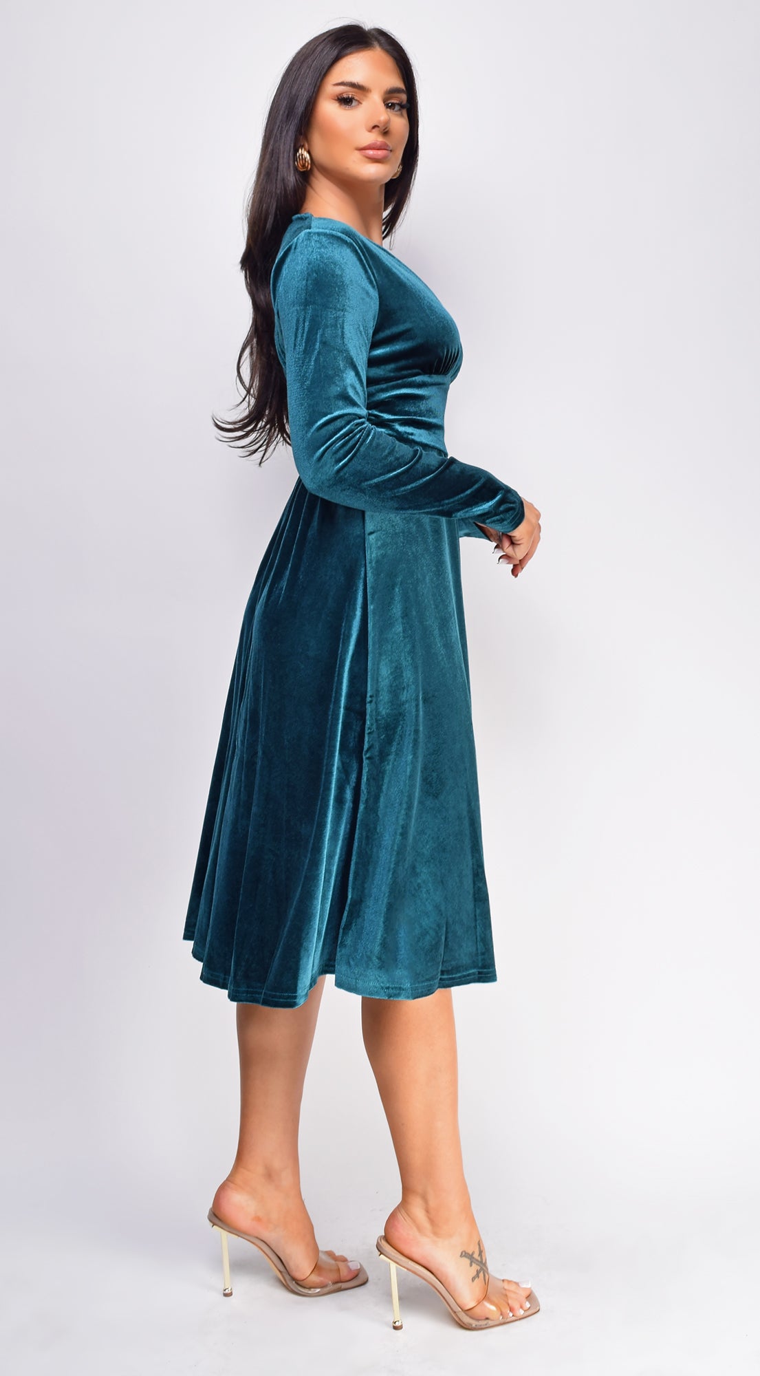 Peony Teal Blue V Neck Velvet Midi Dress