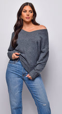 Remy V Neck Drop Shoulder Sweater Top in Gray full length front view on model