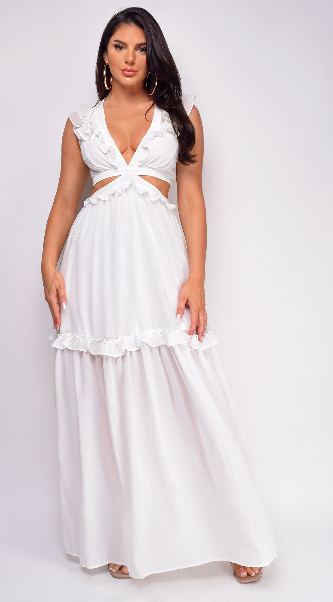Behati White Ruffle Maxi Dress – Emprada