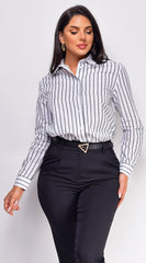 Lencia White Black Striped Button Down Top