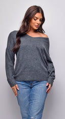 Remy V Neck Drop Shoulder Sweater Top in Gray side profile view on model