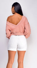 Kali Off Shoulder Sweater in Pink side profile view on model
