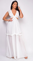 Behati White Ruffle Maxi Dress full length front view on model