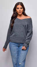 Remy V Neck Drop Shoulder Sweater Top in Gray close-up of neckline detail