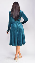 Peony Teal Blue V Neck Velvet Midi Dress