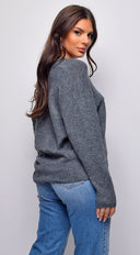 Remy V Neck Drop Shoulder Sweater Top in Gray back view on model