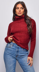 Gisella Cable Knit Turtle Neck Sweater Top in Burgundy close-up of ribbed knit texture