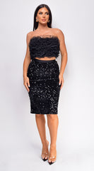 Petrinia Black Velvet Sequin Pencil Midi Skirt