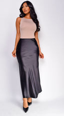 Ophelia Satin Slip Midi Skirt in Black close-up of satin fabric