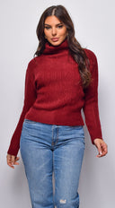 Gisella Cable Knit Turtle Neck Sweater Top in Burgundy styled outfit flat lay